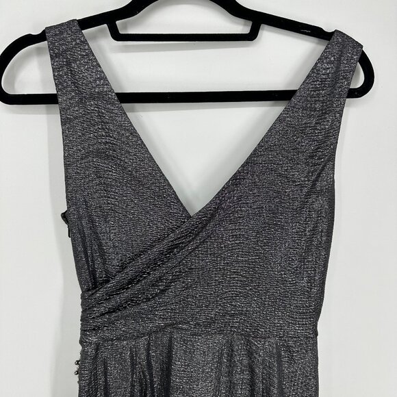 3/$25 Maggy London Cocktail Dress 4 Faux Wrap Metallic Embellished Broch Black - Picture 7 of 9